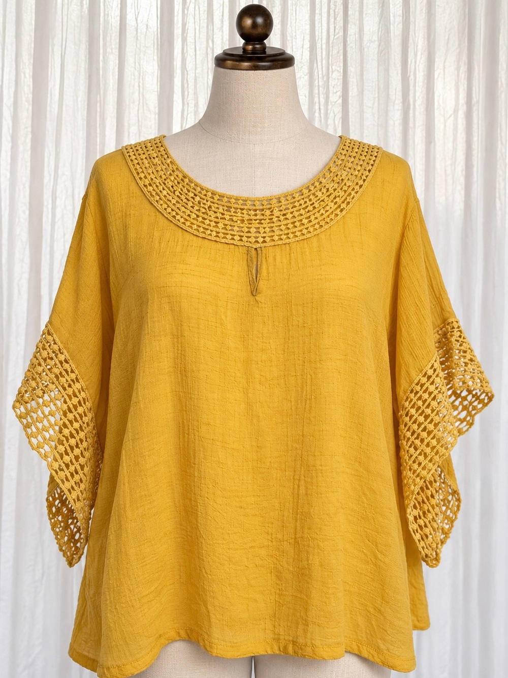 Maria Gabrielle: Boho Crochet-Trim Tunic Top in Mustard